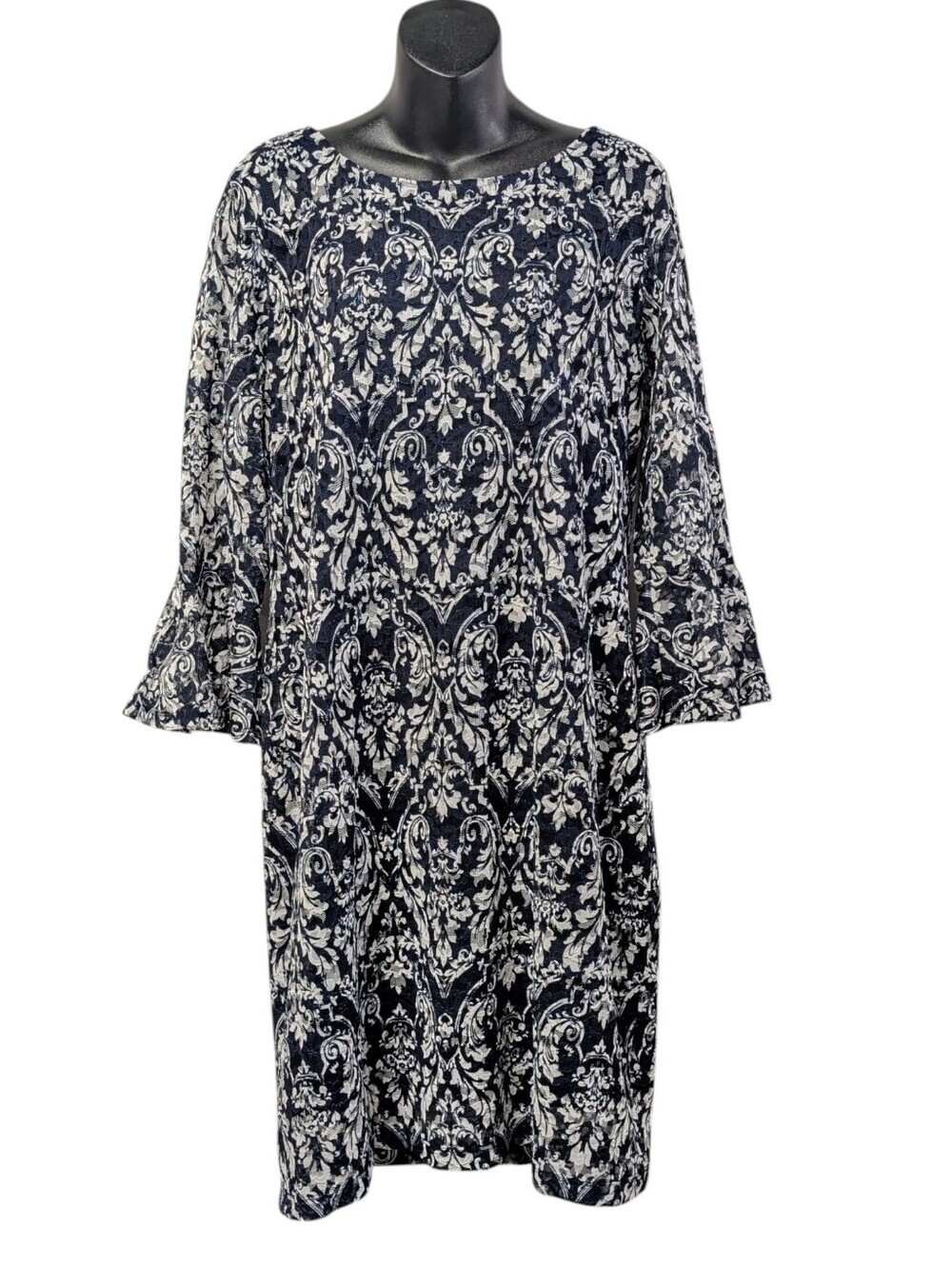 Liz Claiborne Women's Plus Size 18 Navy White Damask Lace Dress Bell Midi Sleeve